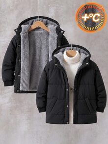 SHEIN 1件男童冬季海軍藍簡約休閒風純色單排扣抓絨內裡連帽長袖加厚外套，寬鬆舒適，適合日常出遊、學校活動、戶外玩耍、假期聚會與拍照拍攝 - 黑色 - 查看 3
