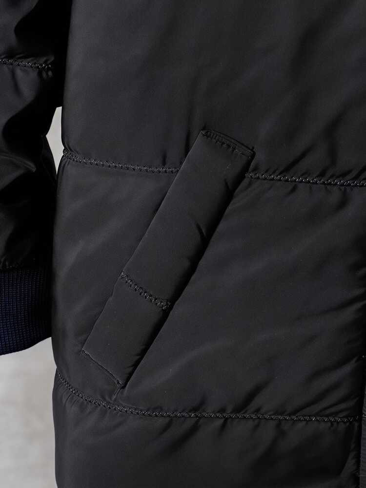 SHEIN 1pc Boys Winter Navy Blue Simple Casual Style Solid Color Single-Breasted Fleece Lining Hooded Long Sleeve Padded Coat Loose Fit Comfortable Suitable For Daily Outings School Activities Outdoor Play Holiday Gatherings Photo Shoots - Black - View 6