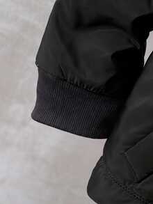 SHEIN 1件男童冬季海軍藍簡約休閒風純色單排扣抓絨內裡連帽長袖加厚外套，寬鬆舒適，適合日常出遊、學校活動、戶外玩耍、假期聚會與拍照拍攝 - 黑色 - 查看 5