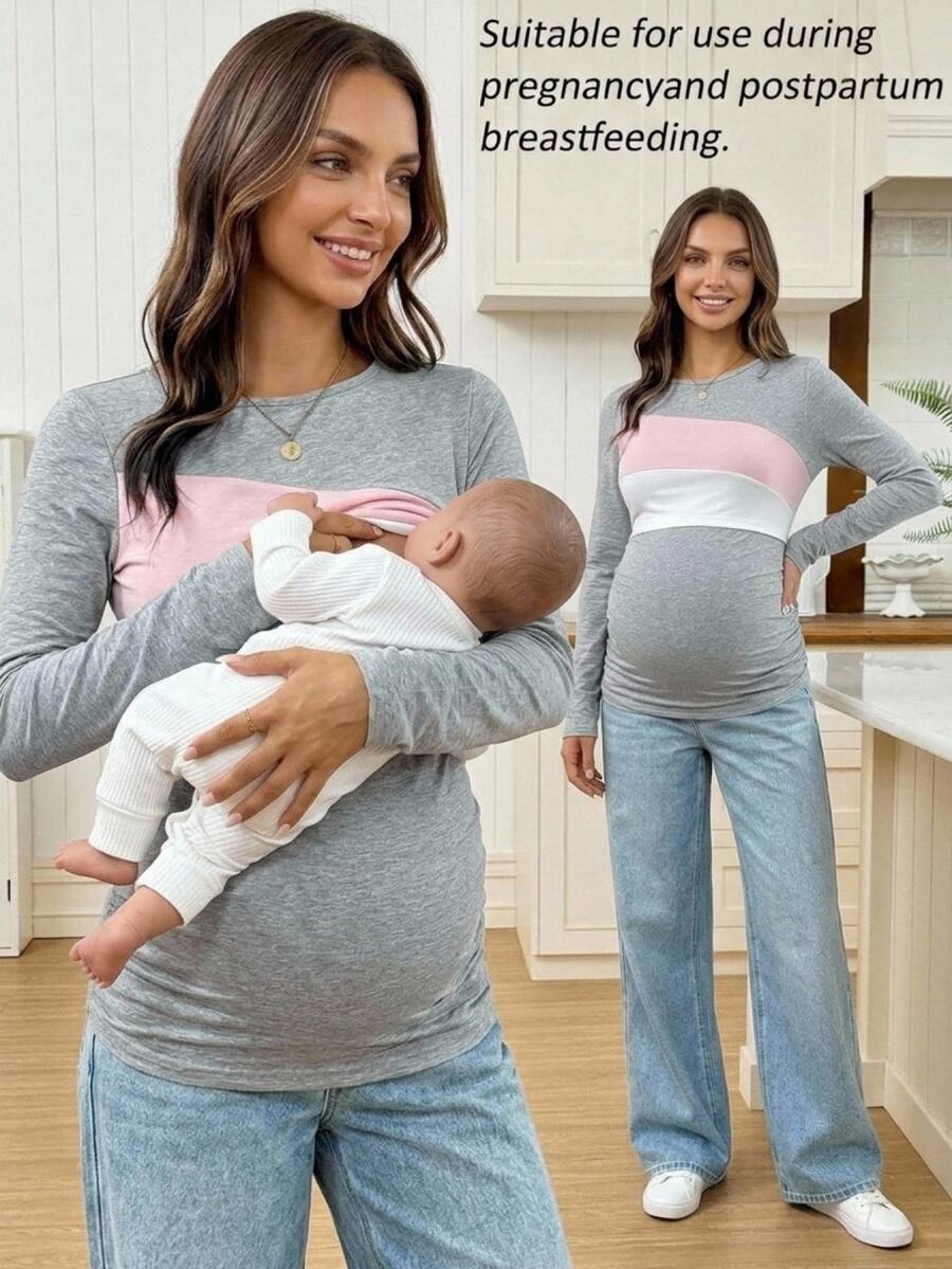 SHEIN Maternity Colorblock Nursing Functional Casual Daily Outing Top,Autumn Fall - Multicolor - View 1