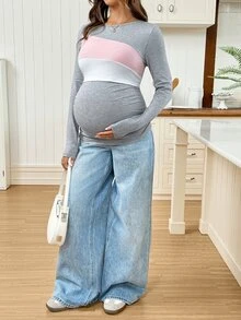 SHEIN Maternity Colorblock Nursing Functional Casual Daily Outing Top,Autumn Fall - Multicolor - View 6