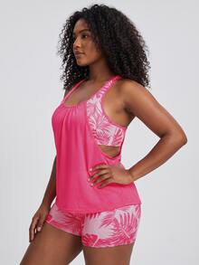 Rhythm Era Plus Size Women 2pcs Floral Print Sexy Active Tropical Kawaii Cow Girl Tummy Control Sports Set Gym Hot Pink Light Pink Summer Pink Floral - Multicolor - View 3