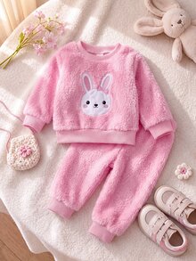 2件組女嬰可愛粉色毛絨兔刺繡長袖圓領加厚衛衣套裝，舒適袖口，適合冬季秋季聖誕節獨角獸風格 - 粉色 - 查看 3