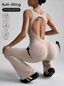 Slayform Slayform Solid Color Backless Sleeveless Sports Jumpsuit - Beige - View 5