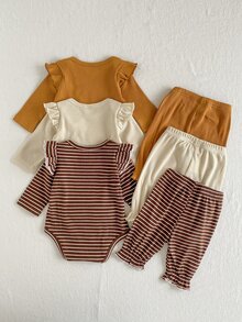 SHEIN Playful Pals 2件組女嬰連身衣褲套裝，可愛甜美奶油棕色羅紋針織，花朵貼布、蝴蝶結荷葉邊，長袖圓領，休閒派對秋季時尚款 - 棕色 - 查看 2