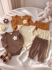 SHEIN Playful Pals 2件組女嬰連身衣褲套裝，可愛甜美奶油棕色羅紋針織，花朵貼布、蝴蝶結荷葉邊，長袖圓領，休閒派對秋季時尚款 - 棕色 - 查看 9