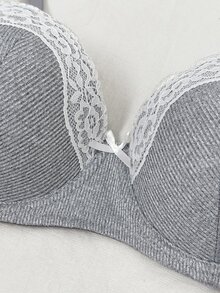 Napfluff Black & Grey Lace Patchwork Women's Underwire Bra & Lace Patchwork Triangle Panty 2-Piece Set - Multicolor - View 7