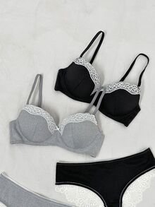 Napfluff Black & Grey Lace Patchwork Women's Underwire Bra & Lace Patchwork Triangle Panty 2-Piece Set - Multicolor - View 5