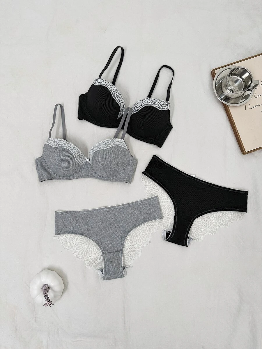 Napfluff Black & Grey Lace Patchwork Women's Underwire Bra & Lace Patchwork Triangle Panty 2-Piece Set - Multicolor - View 1