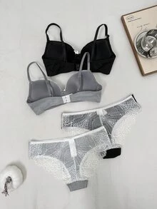 Napfluff Black & Grey Lace Patchwork Women's Underwire Bra & Lace Patchwork Triangle Panty 2-Piece Set - Multicolor - View 2