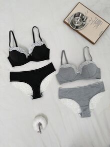 Napfluff Black & Grey Lace Patchwork Women's Underwire Bra & Lace Patchwork Triangle Panty 2-Piece Set - Multicolor - View 3
