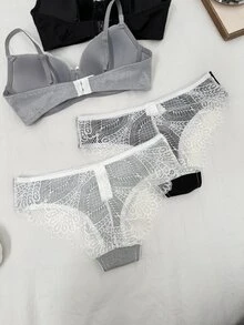 Napfluff Black & Grey Lace Patchwork Women's Underwire Bra & Lace Patchwork Triangle Panty 2-Piece Set - Multicolor - View 4