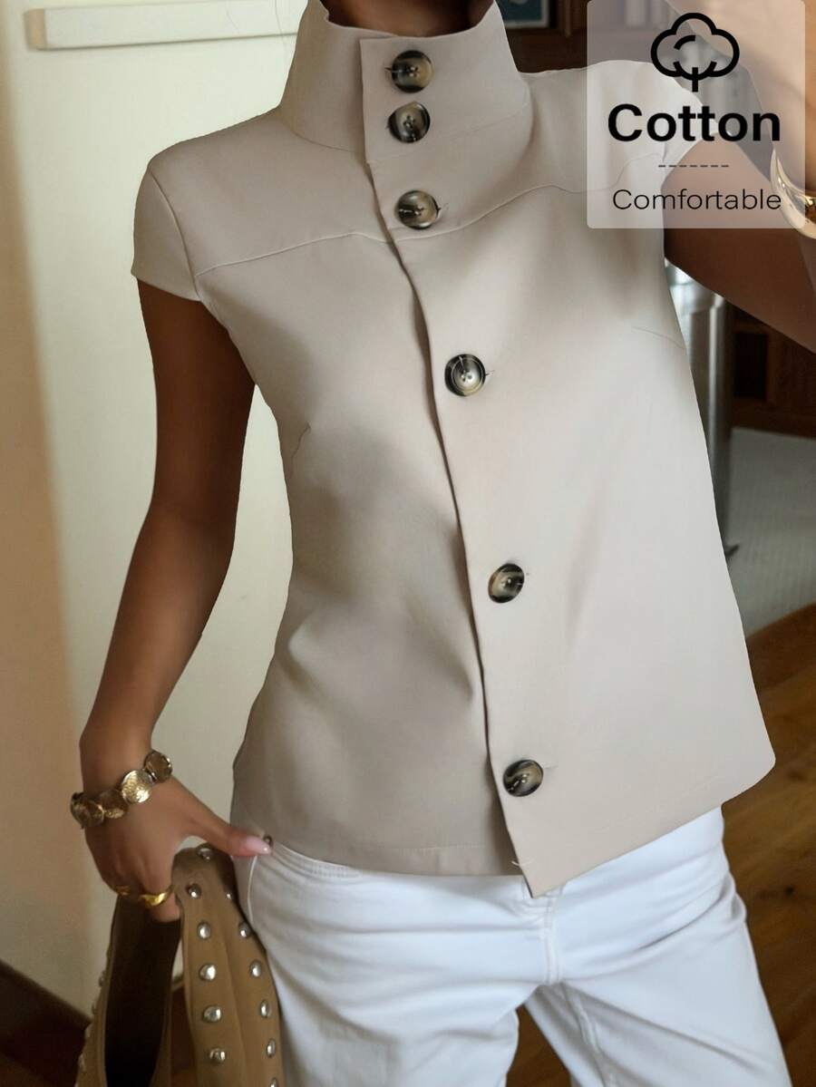 Muchica Women's Solid Color Casual Versatile Daily Wear Shirt - Apricot - View 1