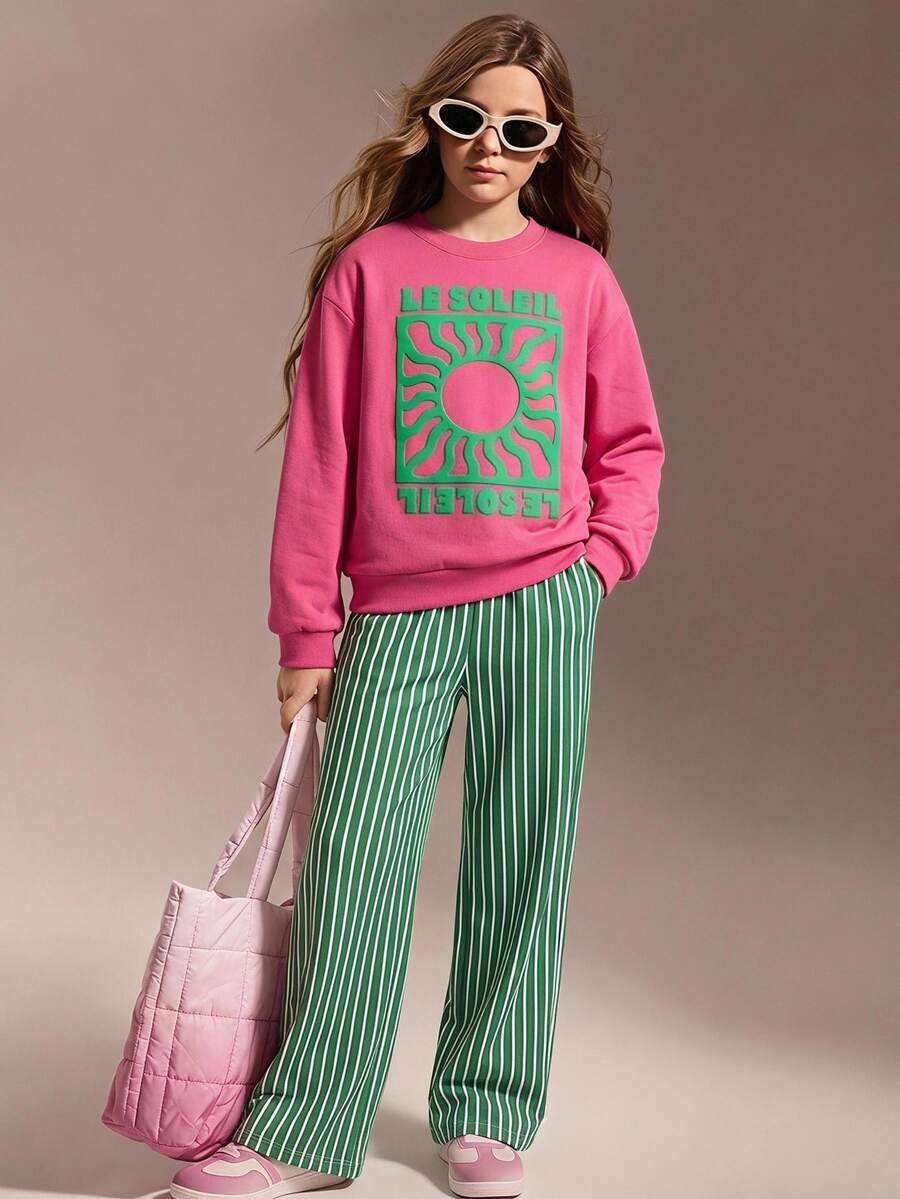 SHEIN 青少年女孩 T-shirt 套裝，粉綠白配色，短袖上衣 + 長褲 2 件套，寬鬆版型，冬季保暖，運動風，適合學生