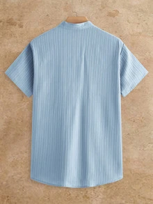 HIMLAND Men's Summer Casual Solid Color Short Sleeve Shirt - Blue - View 4