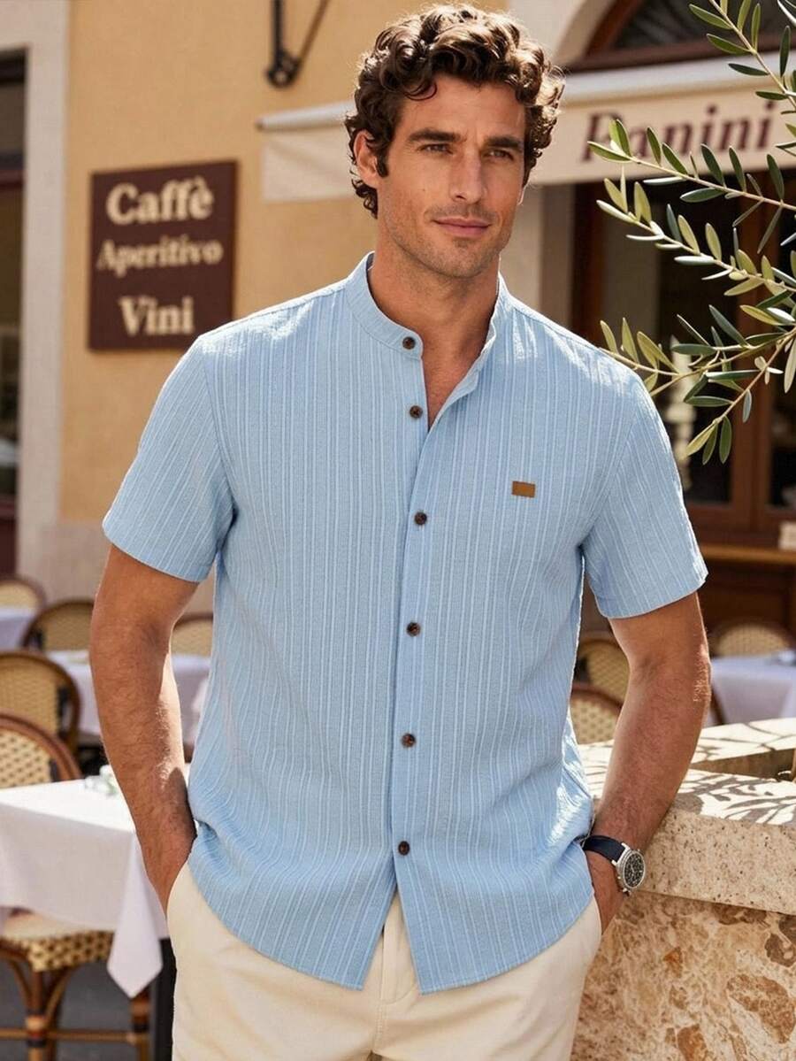 HIMLAND Men's Summer Casual Solid Color Short Sleeve Shirt