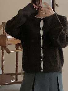 DAZY Cardigan Rajut Wanita Warna Polos Lengan Panjang Longgar Kerah Bulat Kancing Kasual Gaya Korea Musim Gugur/Dingin - Coffee Brown - View 9