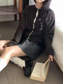 DAZY Cardigan Rajut Wanita Warna Polos Lengan Panjang Longgar Kerah Bulat Kancing Kasual Gaya Korea Musim Gugur/Dingin - Coffee Brown - View 6