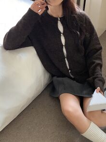 DAZY Cardigan Rajut Wanita Warna Polos Lengan Panjang Longgar Kerah Bulat Kancing Kasual Gaya Korea Musim Gugur/Dingin - Coffee Brown - View 5