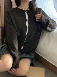 DAZY Cardigan Rajut Wanita Warna Polos Lengan Panjang Longgar Kerah Bulat Kancing Kasual Gaya Korea Musim Gugur/Dingin - Coffee Brown - View 7