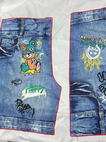 [Denim Effect] 2件組 青少年男孩藍白熊圖案短袖T恤與丹寧效果短褲 夏季街頭風酷炫返校海灘校園穿搭 - 白色 - 查看 9