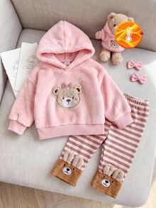 SHEIN Playful Pals 女嬰運動衫套裝上衣 冬季休閒套頭條紋連帽可愛時尚加厚抓絨內裡毛絨百搭粉色褲子 日常戶外度假 - 粉色 - 查看 13