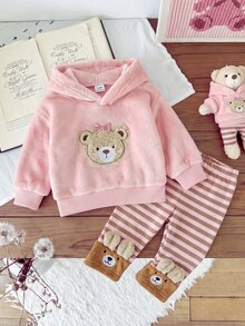 SHEIN Playful Pals 女嬰運動衫套裝上衣 冬季休閒套頭條紋連帽可愛時尚加厚抓絨內裡毛絨百搭粉色褲子 日常戶外度假 - 粉色 - 查看 12