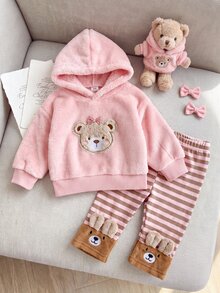 SHEIN Playful Pals 女嬰運動衫套裝上衣 冬季休閒套頭條紋連帽可愛時尚加厚抓絨內裡毛絨百搭粉色褲子 日常戶外度假 - 粉色 - 查看 10