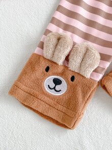 SHEIN Playful Pals 女嬰運動衫套裝上衣 冬季休閒套頭條紋連帽可愛時尚加厚抓絨內裡毛絨百搭粉色褲子 日常戶外度假 - 粉色 - 查看 6