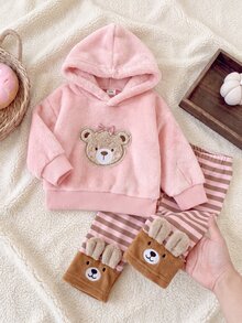 SHEIN Playful Pals 女嬰運動衫套裝上衣 冬季休閒套頭條紋連帽可愛時尚加厚抓絨內裡毛絨百搭粉色褲子 日常戶外度假 - 粉色 - 查看 11