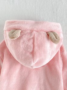 SHEIN Playful Pals 女嬰運動衫套裝上衣 冬季休閒套頭條紋連帽可愛時尚加厚抓絨內裡毛絨百搭粉色褲子 日常戶外度假 - 粉色 - 查看 4