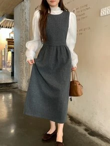 DAZY 女款素色圓領無袖休閒長洋裝 秋季 - 灰色 - 查看 8