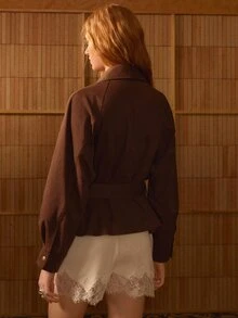 MOTF STUDIO DOUBLE-BREASTED LARGE LAPEL SHORT JACKET WITH BELT - Coffee Brown - View 8