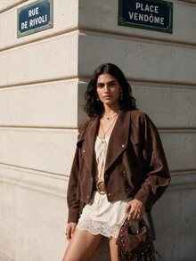 MOTF STUDIO DOUBLE-BREASTED LARGE LAPEL SHORT JACKET WITH BELT - Coffee Brown - View 1