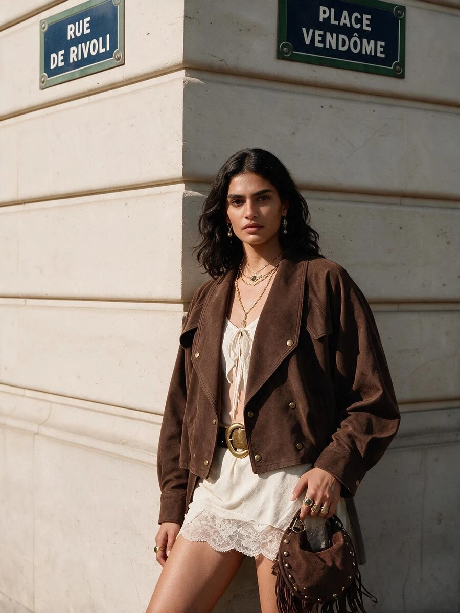 MOTF STUDIO DOUBLE-BREASTED LARGE LAPEL SHORT JACKET WITH BELT - Coffee Brown - View 1