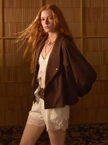 MOTF STUDIO DOUBLE-BREASTED LARGE LAPEL SHORT JACKET WITH BELT - Coffee Brown - View 4