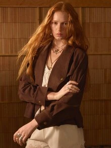 MOTF STUDIO DOUBLE-BREASTED LARGE LAPEL SHORT JACKET WITH BELT - Coffee Brown - View 5