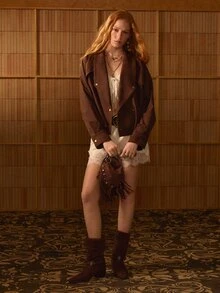 MOTF STUDIO DOUBLE-BREASTED LARGE LAPEL SHORT JACKET WITH BELT - Coffee Brown - View 6