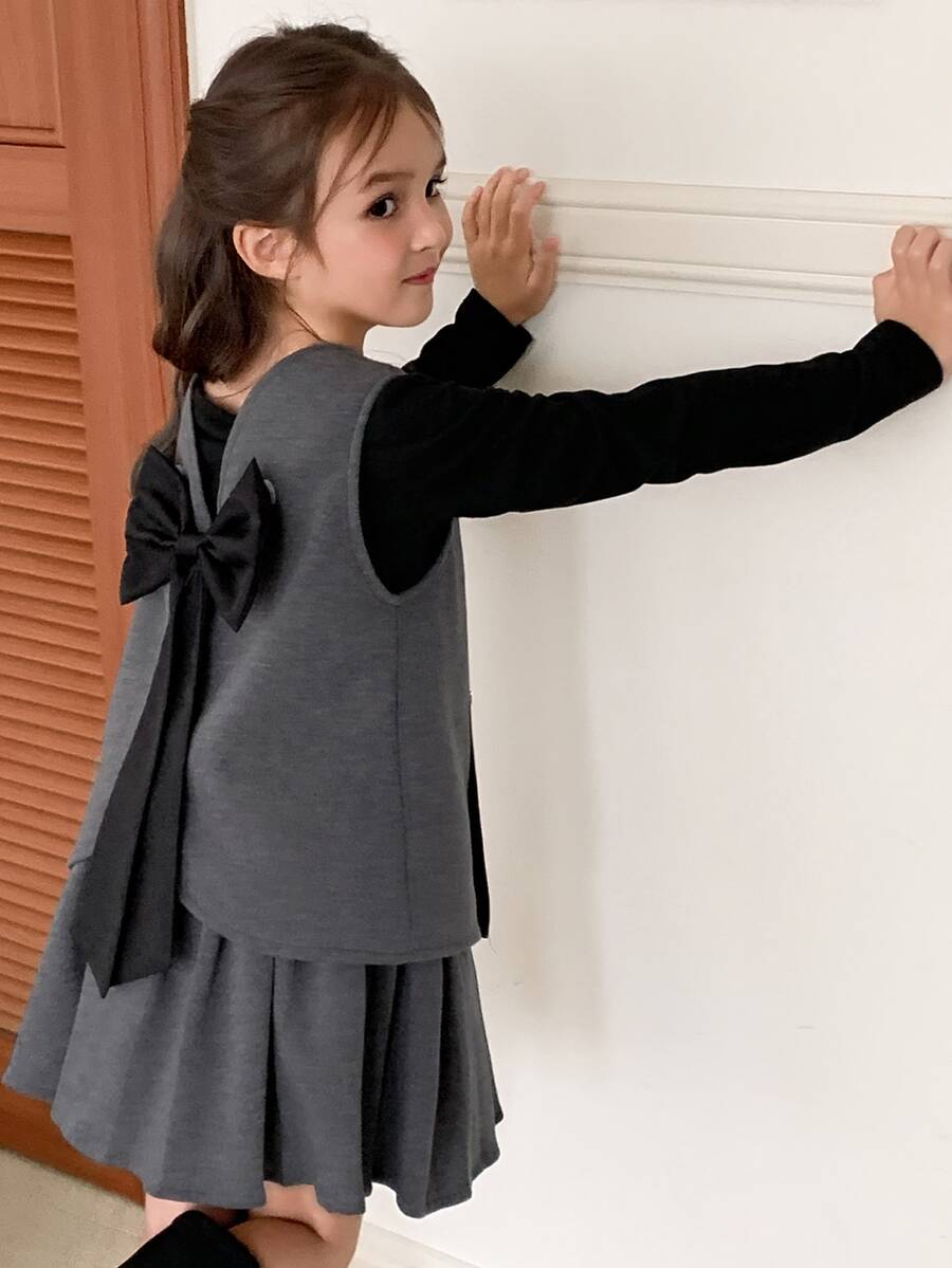 Dazy Kids Tween Girls Front Button & Back Bow Decor Tank Top And Skirt Set - Dark Grey - View 1