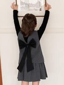 Dazy Kids Tween Girls Front Button & Back Bow Decor Tank Top And Skirt Set - Dark Grey - View 7
