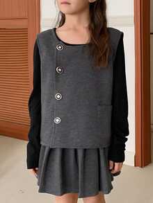 Dazy Kids Tween Girls Front Button & Back Bow Decor Tank Top And Skirt Set - Dark Grey - View 3