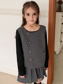 Dazy Kids Tween Girls Front Button & Back Bow Decor Tank Top And Skirt Set - Dark Grey - View 5