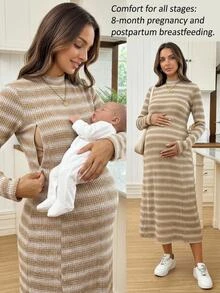 SHEIN 孕婦拉鍊哺乳白色長袖洋裝，秋季正式辦公休閒可愛風 - 彩色 - 查看 1
