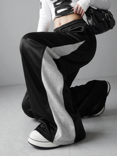 FRIFUL Women's Autumn Casual Straight Leg Sweatpants With Side Seam Contrast Color And Waist Drawstring