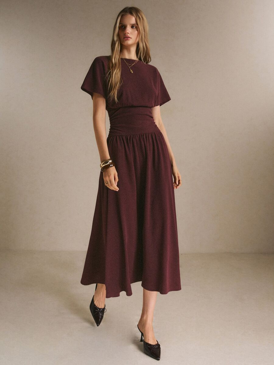 Poéselle Women's Solid Color Round Neck Short Sleeve Waist-Cinching Elegant Long Dress - Burgundy - View 1
