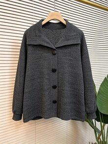 Franclia Plus Size Women's Casual Elegant Large Button Design Lapel Solid Color Sweatshirt, Autumn/Winter Waffle Knit Everyday Fall Office Homewear Grey - Dark Grey - View 1