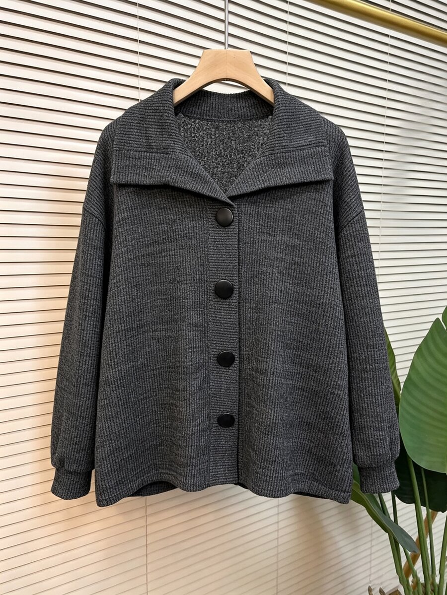 Franclia Plus Size Women's Casual Elegant Large Button Design Lapel Solid Color Sweatshirt, Autumn/Winter Waffle Knit Everyday Fall Office Homewear Grey - Dark Grey - View 1
