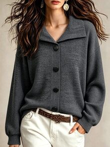 Franclia Plus Size Women's Casual Elegant Large Button Design Lapel Solid Color Sweatshirt, Autumn/Winter Waffle Knit Everyday Fall Office Homewear Grey - Dark Grey - View 2