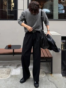DAZY 秋冬花卉灰色圓領長袖羅紋袖口與下擺韓版男士毛衣 - 灰色 - 查看 7