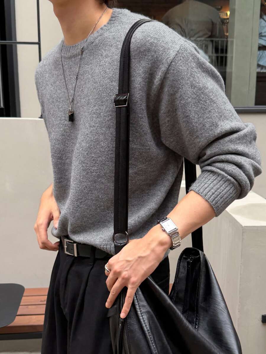 DAZY 秋冬花卉灰色圓領長袖羅紋袖口與下擺韓版男士毛衣 - 灰色 - 查看 1